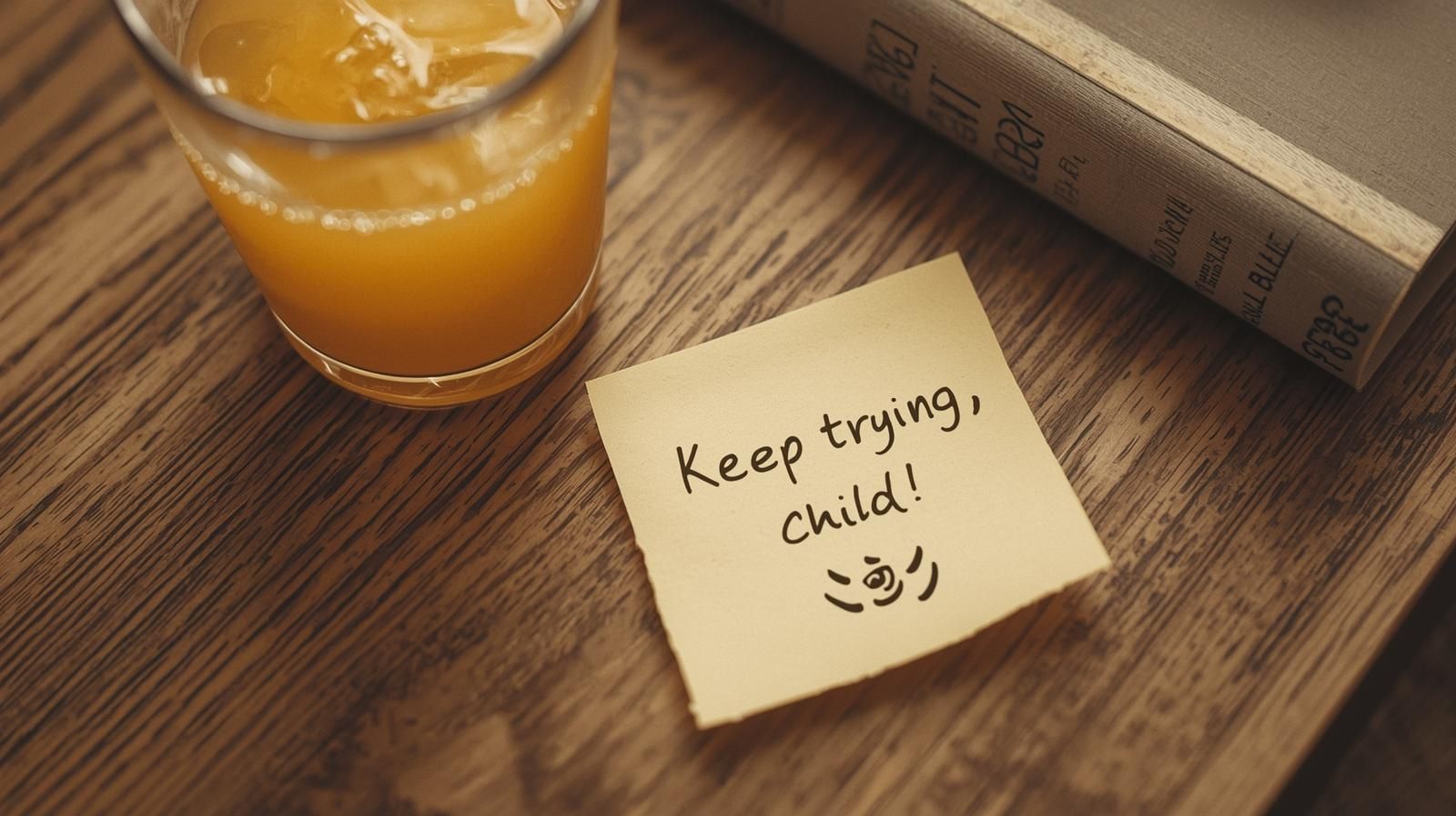 Tone mau nau am hinh ve Mo ta chi tiet Chup can canh macro mot ban hoc bang go don gian. Tren ban co mot ly nuoc cam mat lanh vua duoc dat xuong van con vai giot nuoc dong ben ngo